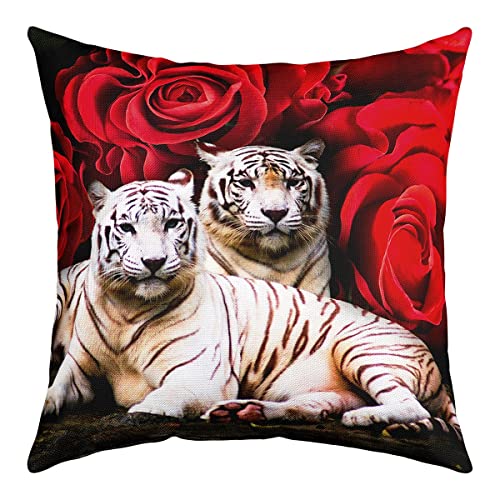 Tiger Kissenbezug 50 x 50 cm Rote Rose Große Katze mit Wasser Cooles Naturtier Kissenbezug Wunderschöne Blumenblume Dekorativer Quadratischer Kissenbezug für Kinder Mädchen Frauen Braun von Homewish