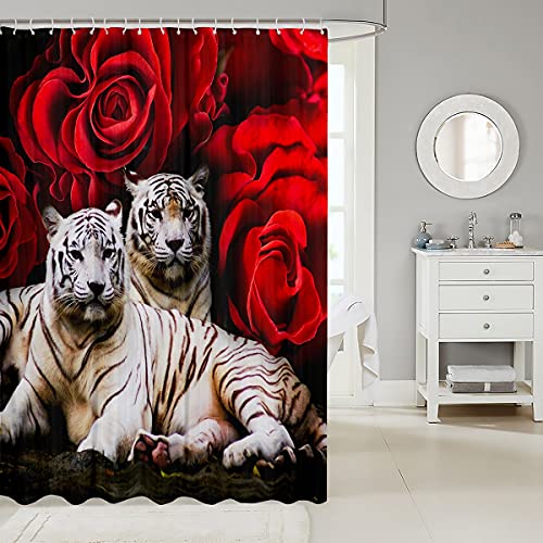 Tiger Vorhänge, Rose Tiger Duschvorhang Braun Rot Bild der großen Katze spielt mit Wasser Coole Natur Tier Stoff Badvorhang Romantische Blume Vorhang für Badezimmer Badewannen 180x210 (BxL) von Homewish