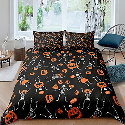 Totenkopf Bettwäsche Set 135X200, Kinder Halloween Bettbezug Skelett Knochen Trösterbezug für Jungen Teens Erwachsene Kürbis Laterne Tagesdecke 2 Stücke mit 1 Kissenbezug, Schwarz Orange von Homewish