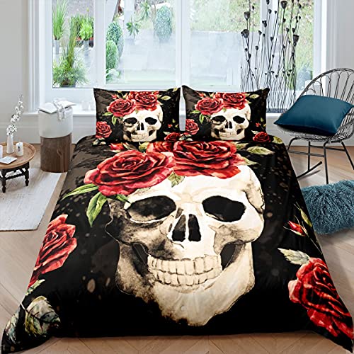 Totenkopf Tröster Abdeckung für Erwachsene Mann Frauen Romantische Rose Blume Bettwäsche Set 135x200 Gothic Totenkopf Bettbezug Retro Halloween Decor Tagesdecke für Schlafzimmer von Homewish