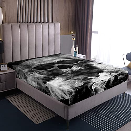 Totenkopf Unterlaken Halloween Spannbetttuch Gothic Nebel Rauch Totenkopf Skelett Bettwäsche Grau Oberlaken für Junger Mann Junge Teens, Zimmer Dekorativ 140x200,Luxus Mikrofaser von Homewish