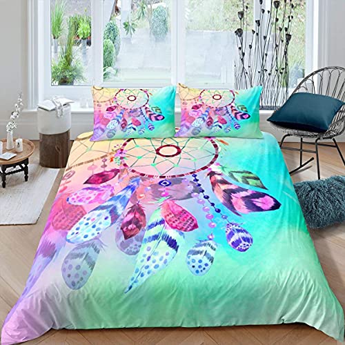 Traumfängerfeder Bettwäsche-Set 200x200 Größe Kinder Mädchen Jungen Teens Bohemian Mandala Tröster Abdeckung Tie Dye Bettbezug Tribal Exotic Floral Tagesdecke Abdeckung Weicher Mikrofaser-Dekor von Homewish