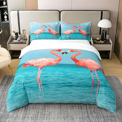 Tropischer Rosa Flamingo 100% Baumwolle Bettbezug für Mädchen,Ocean Waves Küstentier Bettwäsche Set 135x200,Sommer Hawaii Urlaub Tröster Bezug,Blauer Weißer Himmel Wolke Bett Sets mit 1 Kissenbezug von Homewish