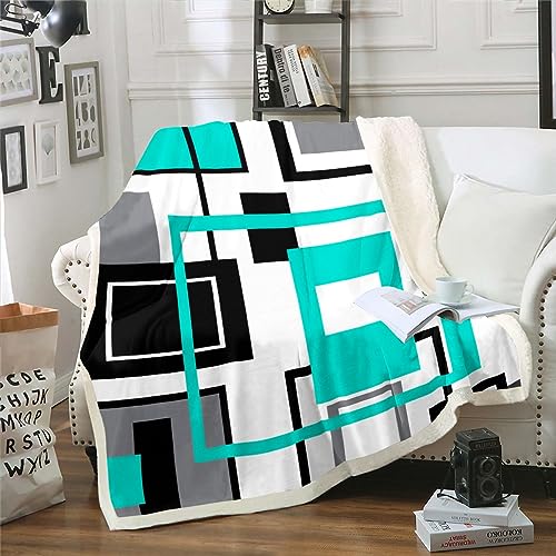 Türkis Geometrische Sherpa Decke Schwarz Weiß Teal Grau Wurfdecke 150x200cm,Geometrie Quadratische Fleece Decke für Bett Sofa Couch Moderne Einfache Abstrakte Streifen Fuzzy Decke Warm Gemütlich von Homewish