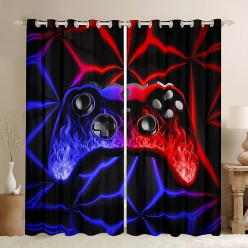 Video Spiel Vorhänge für Jungen Spiel Raum Dekor Verdunkelung Vorhänge,Blaue Rote Flamme Spielkonsolen Vorhänge 3D Geometrische Spiel Fenster Vorhänge für Spiel Liebhaber Vorhänge,2 Platten 140Bx245L von Homewish