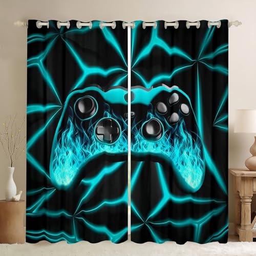 Videospiel Verdunkelungsvorhänge für Jungen Spielraum Dekor für Spielliebhaber,3D Geometrische Gaming Vorhänge Teal Flamme Spielkonsolen Fenster Vorhänge Neon Geometrie Vorhänge,2 Panels 140Bx245L von Homewish