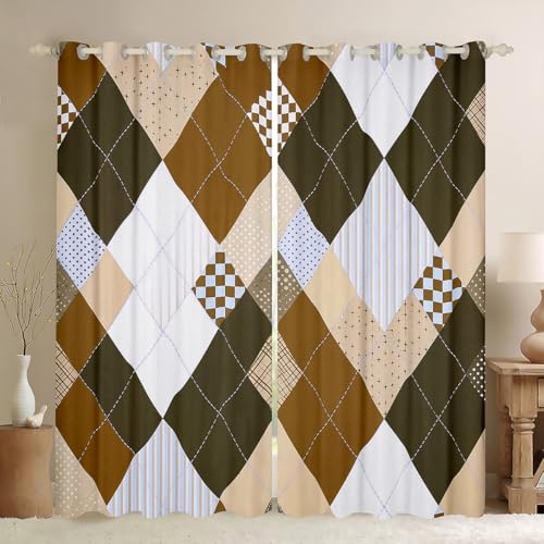 Vintage Braun Beige Vorhänge Moderne Streifen Geometrie Diamant Fenstervorhang 245x140(HxB),Geometrische Patchwork Gardinen Buffalo Plaid Schachbrett Schachbrett Verdunkelungsvorhänge 2 paneele von Homewish