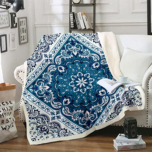 Vintage Sherpa Decke Persische Decke, Marineblaue Oriental Medaillon Wurf Decke für Stuhl 150x200cm Himalaya Bohemian Vlies Decke, Boho Türkische Plüsch Decke Leicht Weich von Homewish