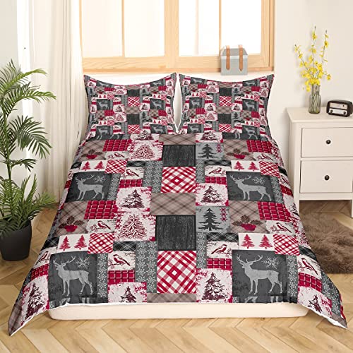 Weihnachten Flickwerk Bettwäsche Bezug Rot Grau Büffel Plaid Bettwäsche Set 155x220 für Kinder Jungen Mädchen Weinlese Weihnachten Bäume Schneeflocken Bettbezug Weihnachten Hirsch Vogel Bettbezug von Homewish