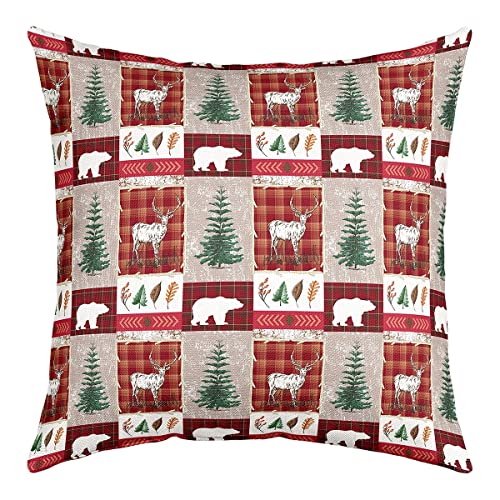 Weihnachten Throw Kissen Abdeckung 45x45cm Set Of 1 Hirsche Kissenbezug Bär-Kissenbezug Lattice Patchwork Dekor Kissenbezug Tannenbaum Bauernhaus Sanft Dekorativ Quadratischer Kissenbezug, Rot Grün von Homewish