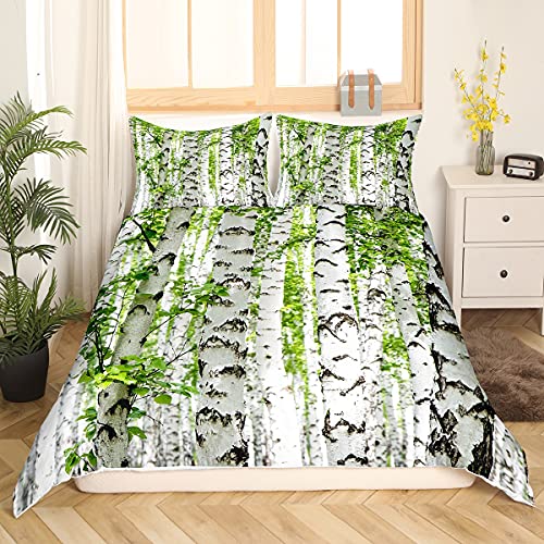 Weiße Birke Bettbezug Set Gerader Baumstamm Trösterbezug Grünes Blatt Bettwäsche-Sets Botanisch Frisch Natürlich Rustikal Country Bettbezug Mit 1 Kissenbezug Schlafzimmer Dekor 135x200 von Homewish