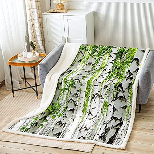 Weiße Birke Fleecedecke Gerade Baumstamm Decke Überwurf Grünes Blatt Sherpa Decke Botanisch Frisch Natürlich Rustikal Land Fuzzy Decke Sofa Schlafzimmer Dekor 150x200 von Homewish