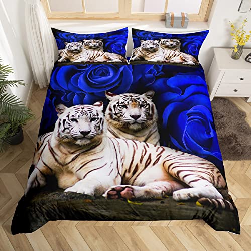 Weißer Tiger Bettbezug Blaue Rose Bettwäsche Set für Frauen Männer, Wilde Tier Blumen Tröster Bezug Braun Katze Pelz Haar Bett Set 135x200,Wald Wildlife Romantische Floral Zimmer Dekor von Homewish