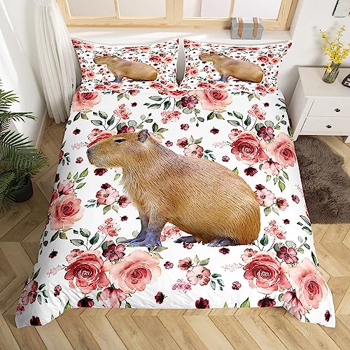 Wilde Capybara Bettbezug 135x200 Romantische Rose Blume Bettwäsche Set, Rote Blumen Tröster Abdeckung Nette Tier Thema Bett Set, Grüne Blätter Bettwäsche Tier Liebhaber von Homewish