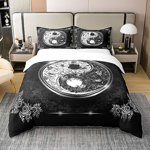 Yin Yang 100% Baumwolle Bettbezug 135x200,Vintage Tai Chi Bettwäsche Set,Blumen Zweig Glänzende Tröster Abdeckung,Traditionelle Orientalische Kultur Bett mit 1 Kissenbezug Zimmer Dekor,Schwarz Weiß von Homewish