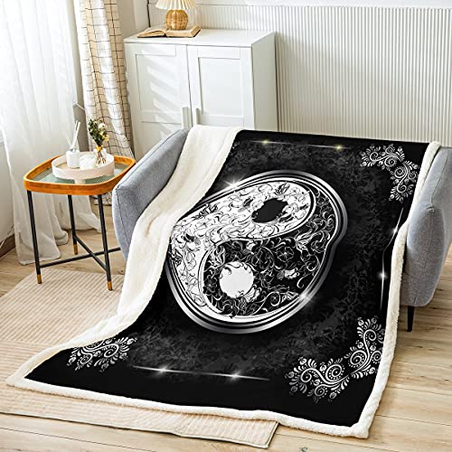 Yin Yang Fleece Decke Vintage Tai Chi Sherpa Decke Blumen Zweig Glänzende Decke Überwurf Für Jugendliche Erwachsene Traditionelle Orientalische Kultur Fuzzy Decke Sofa Dekor 150x200 Schwarz Weiß von Homewish