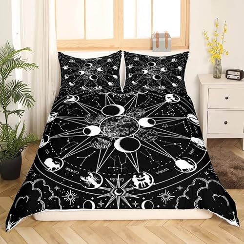 Zodiac Astrology Bettwäsche Set 135 x 200 cm Schwarz Weiß Konstellation Bettbezug Mondphase spiritueller Bettbezug für Mädchen Teenager Ästhetik Schlafzimmer Dekoration Space Galaxy Bettbezug von Homewish