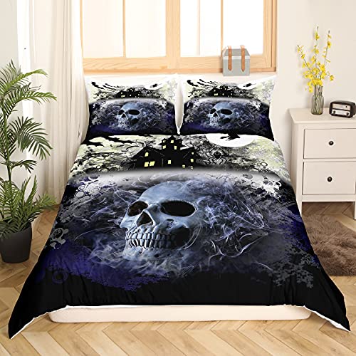 Zuckerschädel Bettwäsche-Sets Gothic Smoky Skull Trösterbezug Fledermäuse Schloss Bettbezug Set für Kinder Jungen Mädchen Happy Halloween Thema Bettbezug mit 1 Kissenbezug 135x200 Marineblau von Homewish