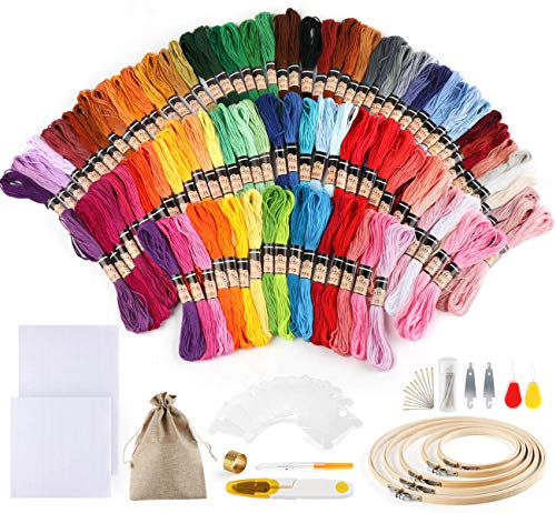 100 Farben Stickerei Set,Kreuzstich Starter Kit Stickerei Basteln Crafts FlossSticken Set für Freundschaftsbänder Stickerei Nähgarne Häkeln +5 pcs Bambus Stickrahmen, 2pcs Tuch, Nadeln Set von Homewit
