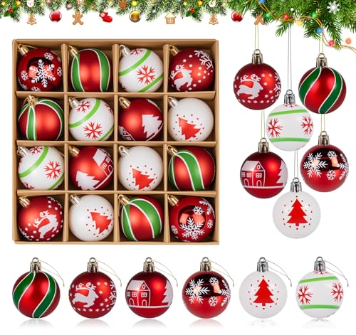 Christbaumkugeln Kunststoff, Homewit 16 Stück Weihnachtskugeln Grün Rot Weiß für Traditionelles Thema Christbaumkugeln Deko, Weihnachtsbaum Kugeln für Weihnachtsbaumk und Tannenbaum Deko - 6cm von Homewit