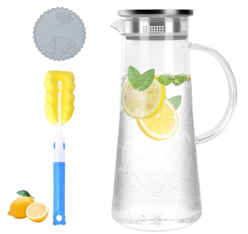 Homewit 1,5 Liter 51 Unzen Wasserkaraffe, Glaskaraffe mit Edelstahl Deckel, Wasserkrug aus Borosilikatglas mit Reinigungsbürste, Glaskanne für Hausgemachte Getränke/Kaffee/Milch/Eistee/Saft von Homewit