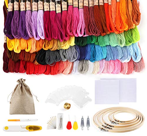 Homewit 100 Farben Stickgarn Set, 155PCS Embroidery Kit mit Bambus Stickrahmen, Stickerei Nadeln, Kreuzstich Tuch, Nadeleinfädler, Fingerhut, Fadentrenner, Perfekt für Erwachsene und Kinder Anfänger von Homewit