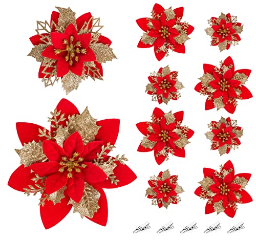 Homewit 16 Stück Weihnachten Glitzer künstliche Weihnachtsstern Weihnachtsblumen Kunstblume mit Clips Weihnachtsbaum Deko, Weihnachtsschmuck Weihnachtsdeko Ornamente für Weihnachtskränze und Girlande von Homewit