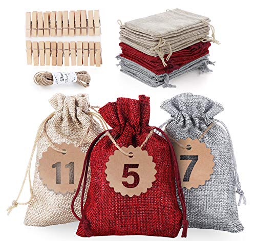 Homewit 24 Filzbeuteln Adventskalender zum selbst Befüllen, Mit 24 Stück Holzschild von Zahl 1-24, Jutesäckchen Weihnachtskalender Weihnachten Geschenktüten DIY Stoffbeutel von Homewit