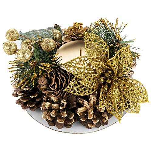 Homewit Adventskranz Ø15 cm Adventskerzenständer rund Kerzenständer Adventsgesteck Weihnachtsdeko Adventsdeko weihnachtliche Tischdeko mit mit Tannenzapfen und Blüten von Homewit