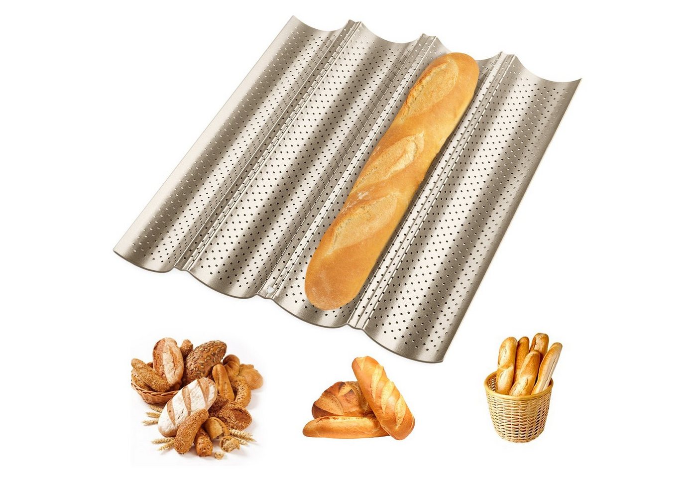 Homewit Baguetteblech 37,8 x 32 x 3 cm Brot Backform, 4 Brotrillen, Kohlenstoffstahl, (1-St., Bestehend aus Kohlenstoffstahl und Antihaftbeschichtung), Korrosions- und Rostschutz, Langzeitanwendung von Homewit