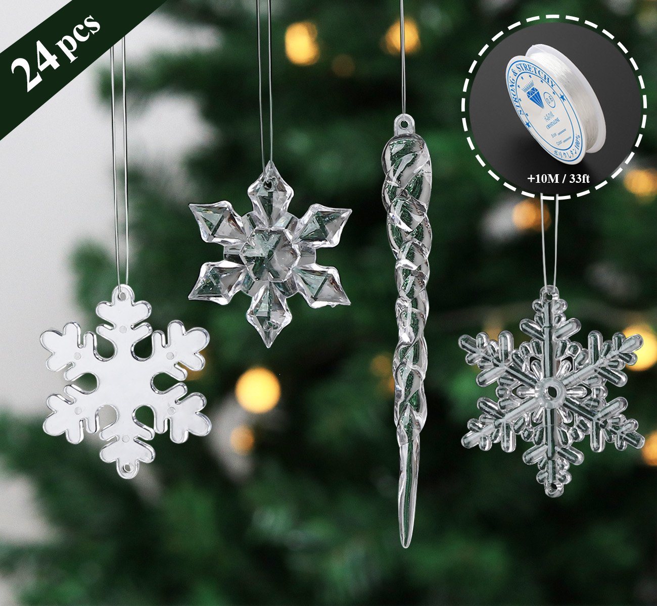 Homewit Christbaumschmuck 24tlg hängende Acryl Schneeflocke und Eiszapfen Ornamente von Homewit