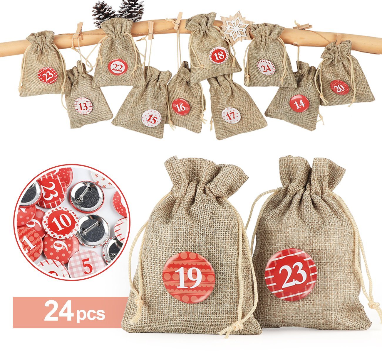 Homewit Christbaumschmuck Adventskalendertaschen Weihnachtskalender Adventskalendersäckchen (24-tlg), 24 beige Stoffbeutel + 24 roten Buttons von Homewit