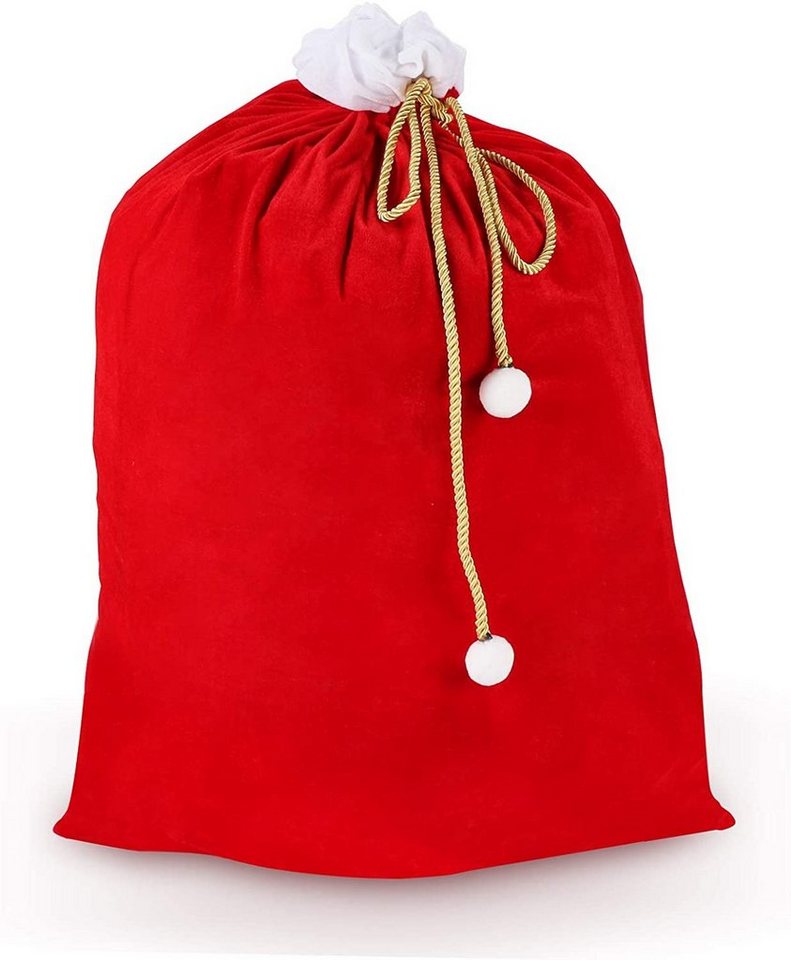 Homewit Christbaumschmuck Geschenksäckchen zu Weihnachten mit Zugband (1-tlg), Weihnachtssack aus Samt mit goldfarbener Kordel mit weißen Bommeln von Homewit