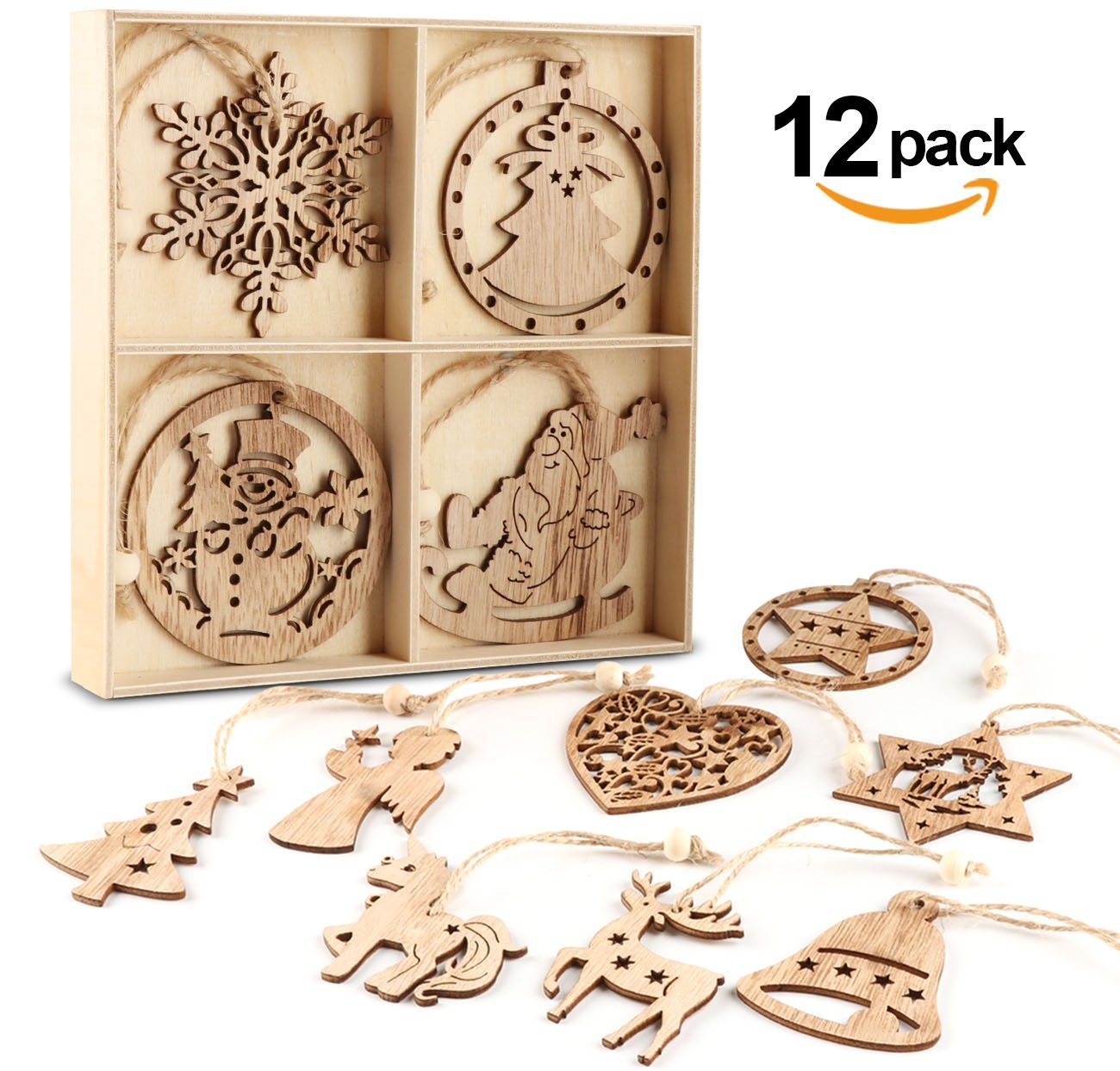 Homewit Christbaumschmuck Adventskalender Deko Holz Weihnachtsbaumschmuck Ornamente (12-tlg), Verschieden Muster für DIY Basteln Geschenk Weihnachtsdeko von Homewit