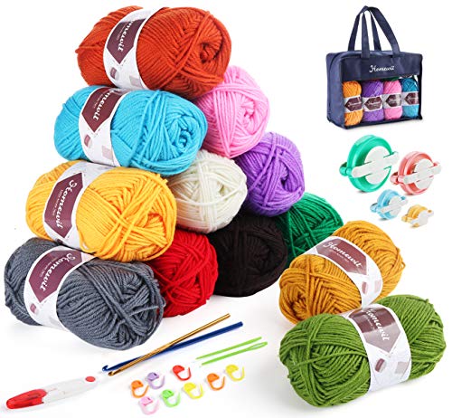 Homewit Häkelgarn 12 Farben * 50g, Wolle Zum Stricken Acryl Wolle Set Serie Handstrickgarn Baumwollgarn mit 2 Häkelnadeln es 4 Größen Pom Pom Maker für Häkeln und Fluff Ball von Homewit