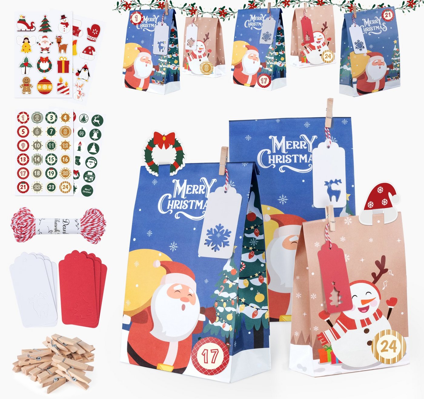 Homewit Kalender zum Selbstbasteln Adventskalender 24 Säckchen mit Aufkleber und Adventskalenderzahlen, DIY Adventskalendertaschen zum Basteln Selberfüllen von Homewit