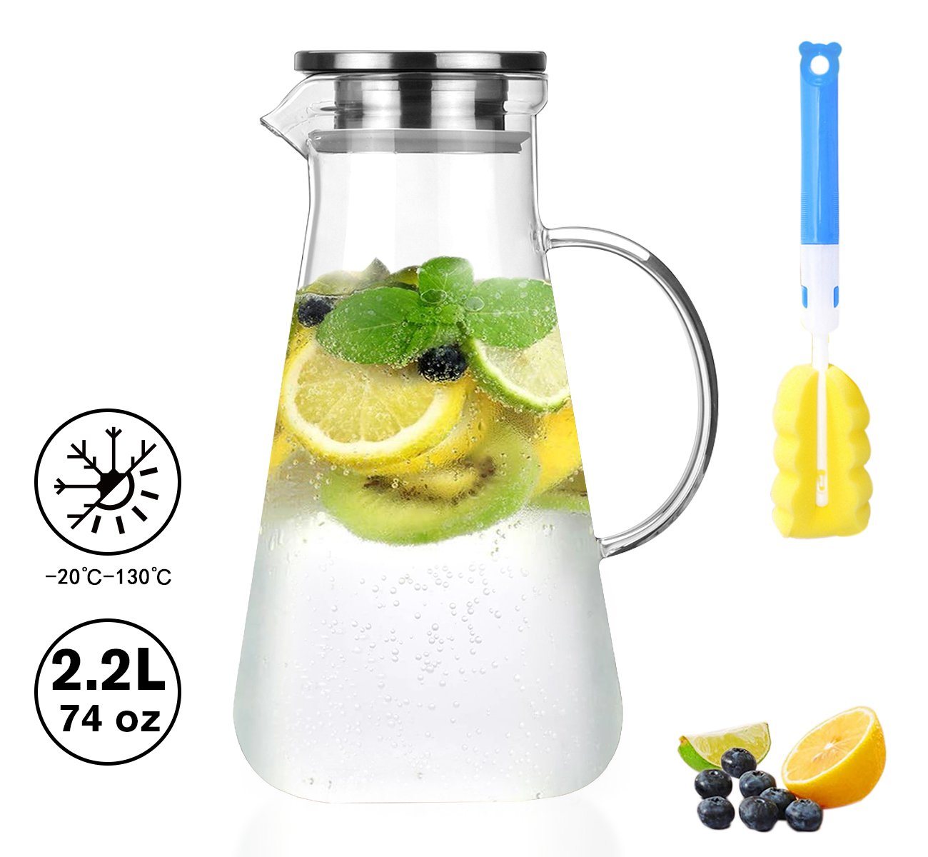 Homewit Karaffe Glas Krug 2,2L Karaffe mit Griff und Filter Wasserkrug Glaskaraffe, (Set, 1-tlg., 2.2 L), Glaskrug, Eistee Krug von Homewit