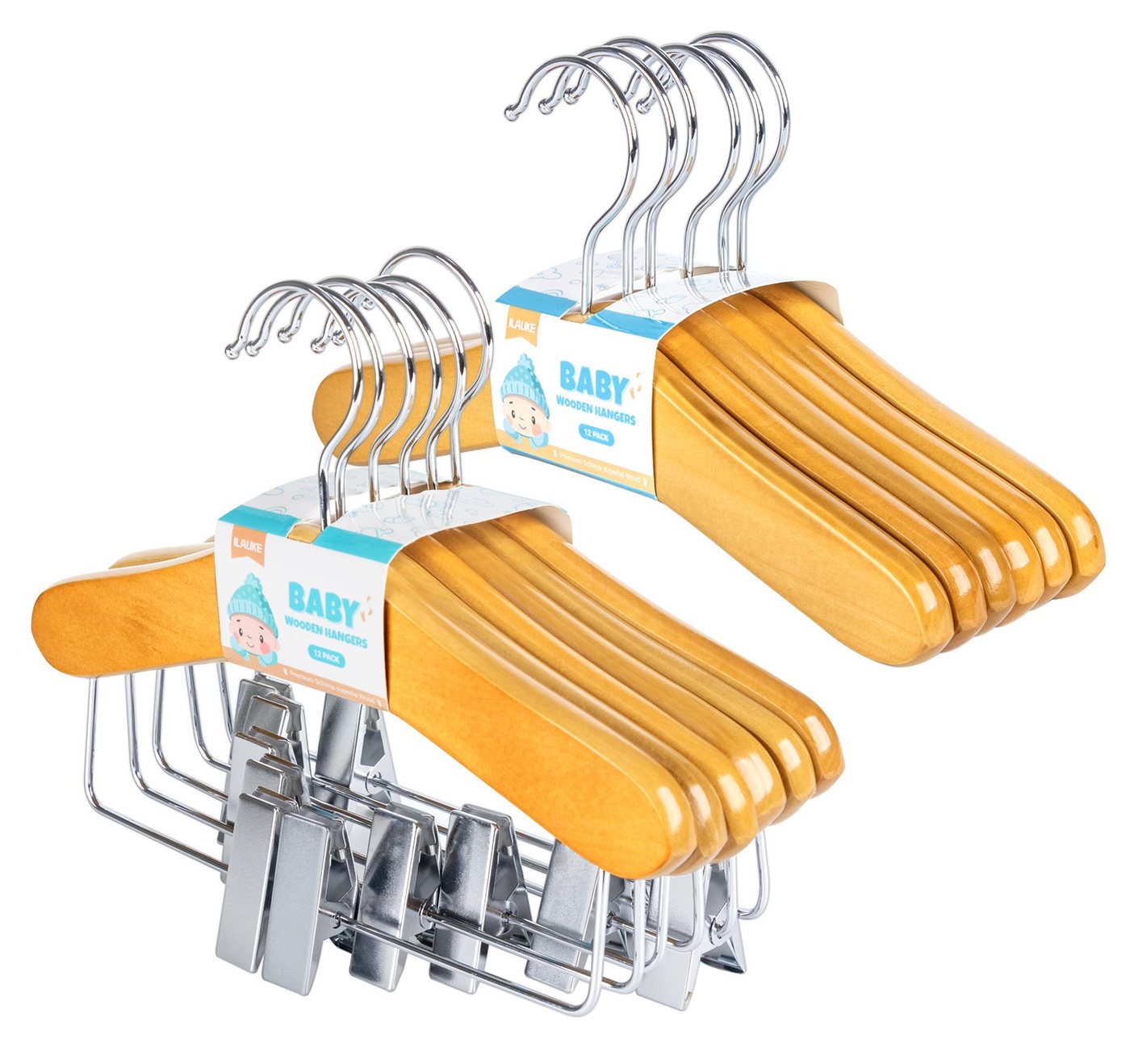 Homewit Kleiderbügel 12tlg Holz Kinderkleiderbügel Baby Hosenbügel mit Hosensteg und Clips, (Set), Mit 360° drehbarer Haken und Einschnitt für Baby & Kinderkleidung von Homewit