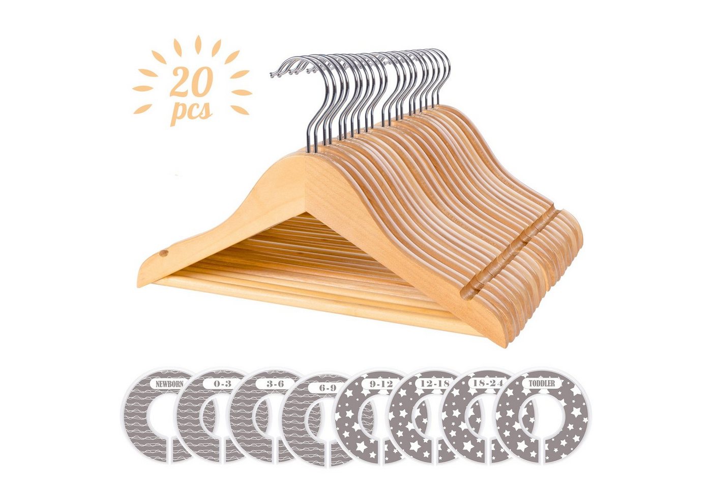 Homewit Kleiderbügel Baby Kinderkleiderbügel aus Holz mit Hosensteg und 8 Kleidungsteiler, (Set, 20-tlg), Mit 360° drehbarer Haken und Einschnitt für Baby & Kinderkleidung von Homewit