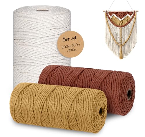 Homewit Makramee Garn 3er Set Baumwollgarn Kordel 400m Baumwoll Bastelschnur für Basteln Stricken Boho Deko Wandbehang Dekoration von Homewit