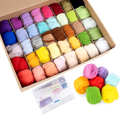 Homewit Nadelfilz Set, 40 Farben, je 5 Gramm Filzwolle zum Stricken mit Werkzeug Set, Filzwolle Basteln Nadelfilz Starter Kit, Wolle Roving Schafwolle DIY Filznadeln DIY Starter Kits für Anfänger von Homewit