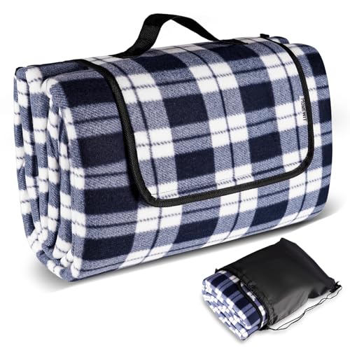 Homewit Picknickdecke Campingdecke XXL 200x195 cm, Picnic Blanket mit Wärmeisoliert und Wasserdichter Unterseite mit Tragegriff Faltbare Stranddecke Picknickdecken für 4-6 Personen Outdoor, Blau +Weiß von Homewit