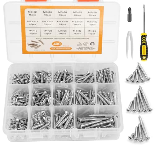 ​Schrauben Set​, 400 Stück ​Edelstahlschrauben​ M3/M3.5/M4 Bohrschrauben Selbstbohrende Flachkopf Kreuzkopf Blechschrauben Schrauben Set für Bürogeräte, DIY-Projekte, Holzmöbel von Homewit