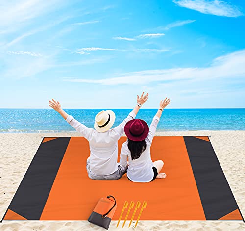 Homewit Stranddecke, 210 x 200 cm Picknickdecke Wasserdicht Strandmatte Picnic Blanket mit 4 Festen Nägeln für Reisen, Camping, Wandern, Orange + Grau von Homewit