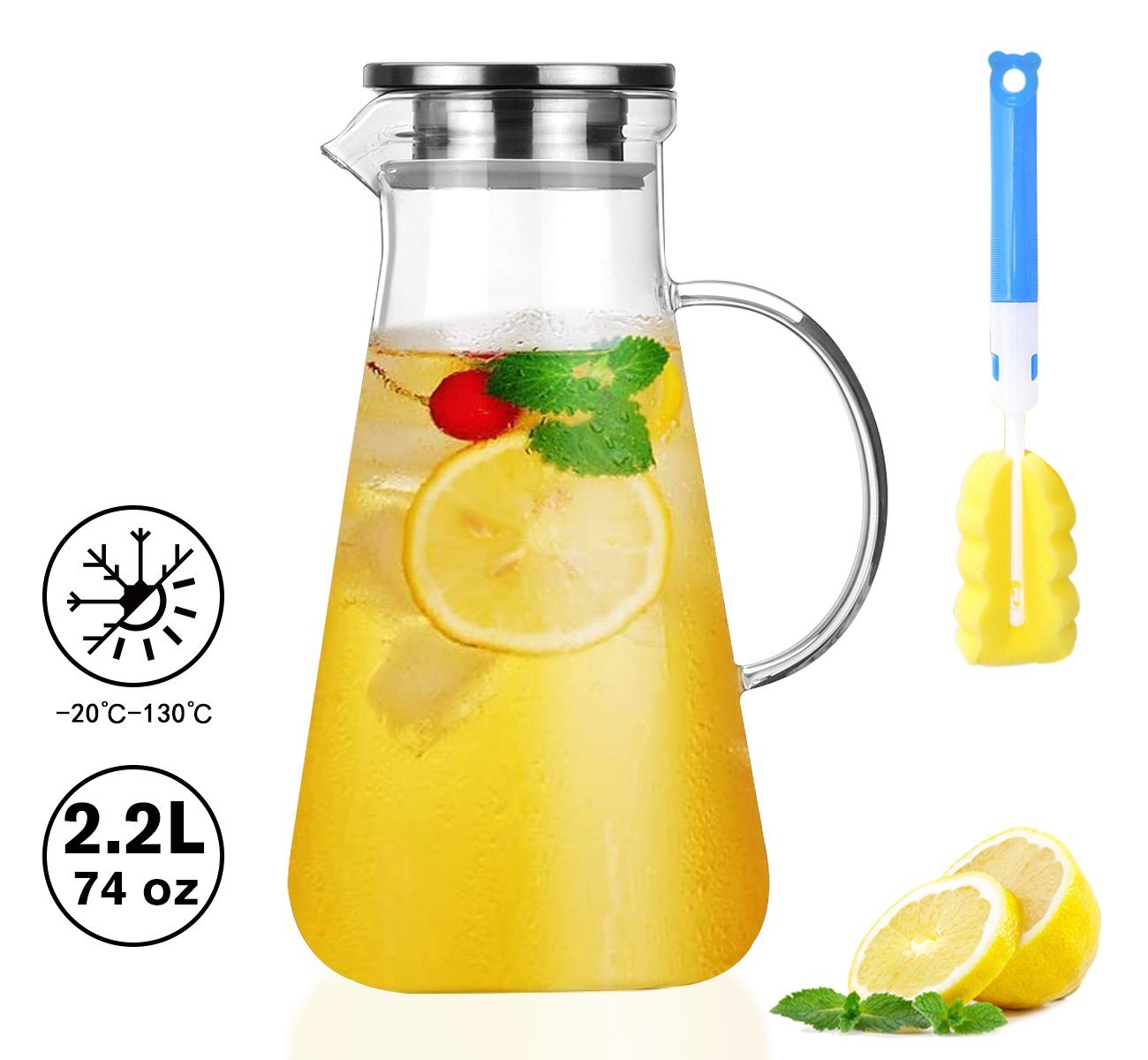 Homewit Wasserkaraffe 2,2L Glas Wasserkaraffe Wasserkrug Kühlkaraffe mit Edelstahl Filter, (Set, 1-tlg., 2.2 L), für die Zubereitung und Servierung von heißen oder kalten Getränken von Homewit