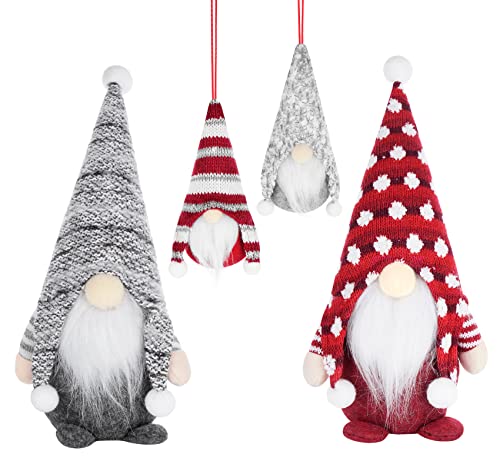 Homewit Weihnachtswichtel Figuren, 4 Stück Weihnachten Deko Wichtel Grau und Rot - 30cm & 14cm Schwedische Wichtel Weihnachtswichtel für Familie Ostern Weihnachten für Christbaumanhänger von Homewit