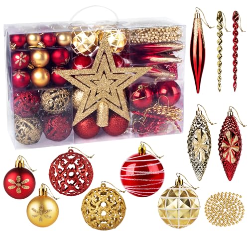 Homewit Weihnachtskugeln Rot Gold Set, 102 Stück Weihnachtskugeln aus Kunststoff 3-6cm Baumschmuck Weihnachtsbaum Deko, Weihnachtsbaumschmuck mit Weihnachtsbaumspitze & weihnachtsperlenkette von Homewit