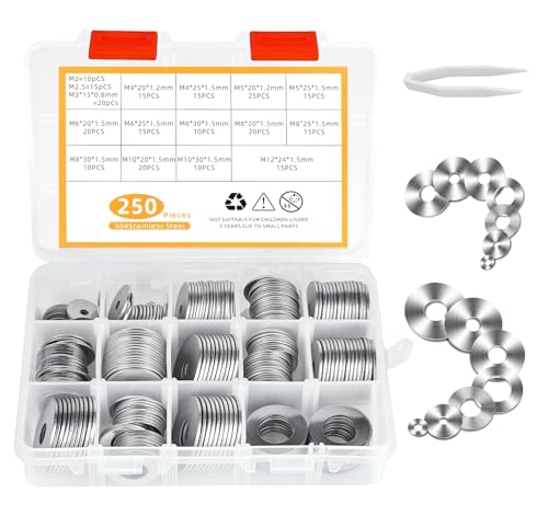 Unterlegscheiben Set Edelstahl, 250 Stück Flach Beilagscheiben Sicherungsscheiben Sortiment Set 16 Größen M2,M3,M4,M5,M6,M8,M10,M12 für Schrauben Muttern (Silber) von Homewit