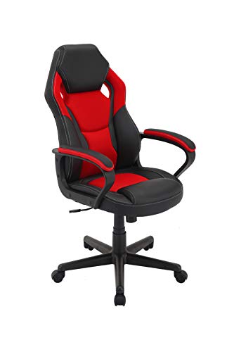 byLIVING Chefsessel MATTEO / Gaming-Chair bis 110 kg belastbar / Kunststoff & Kunstleder schwarz / Armlehnen gepolstert/ Applikation Mesh grau-rot / Sicherheitsrollen / B 60, H 103-113, T 65 cm von byLIVING