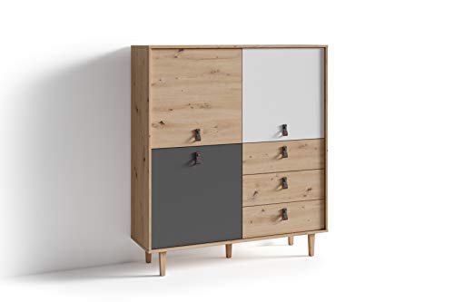 byLIVING Highboard BILL / Wohnzimmerschrank Artisan Eiche Optik hellbraun / Schrank mit 3 Tür und 3 Schubkästen / Sideboard mit Fronten in weiß und grau / Schlaufen-Griffe / B 120, H 135, T 36,5 cm von byLIVING